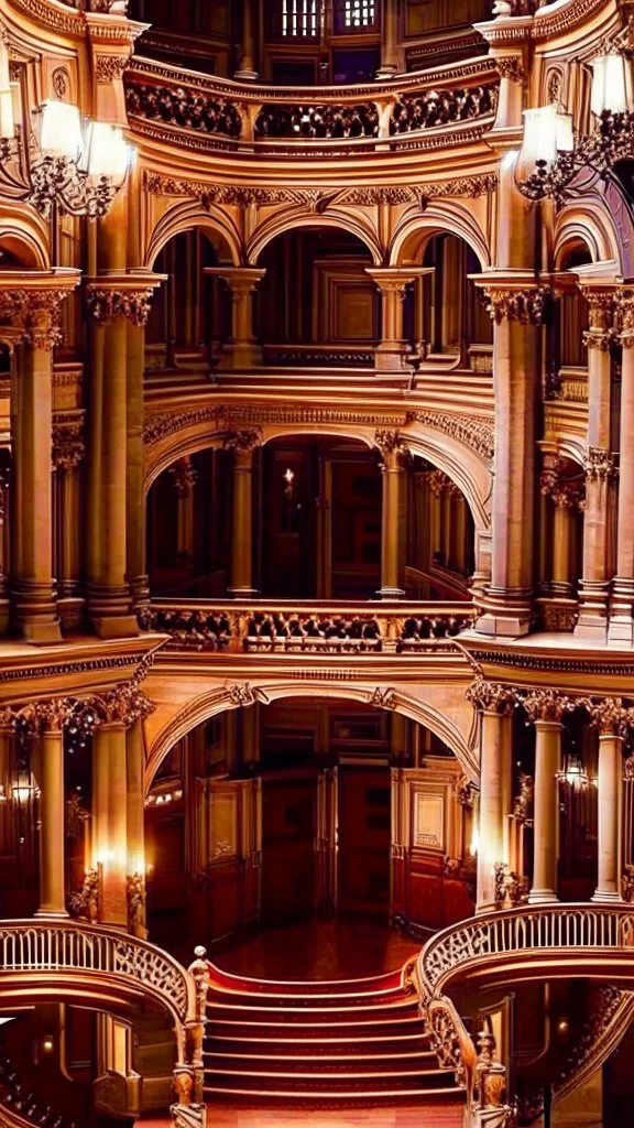 A beautiful image of the windows of the luxurious palace hall with two winged angel statues