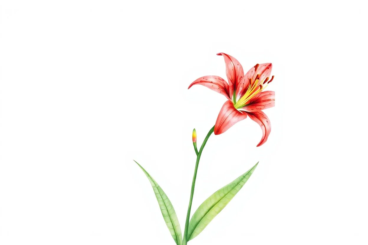 Western Red Lily plant, watercolor on white background, vignette
