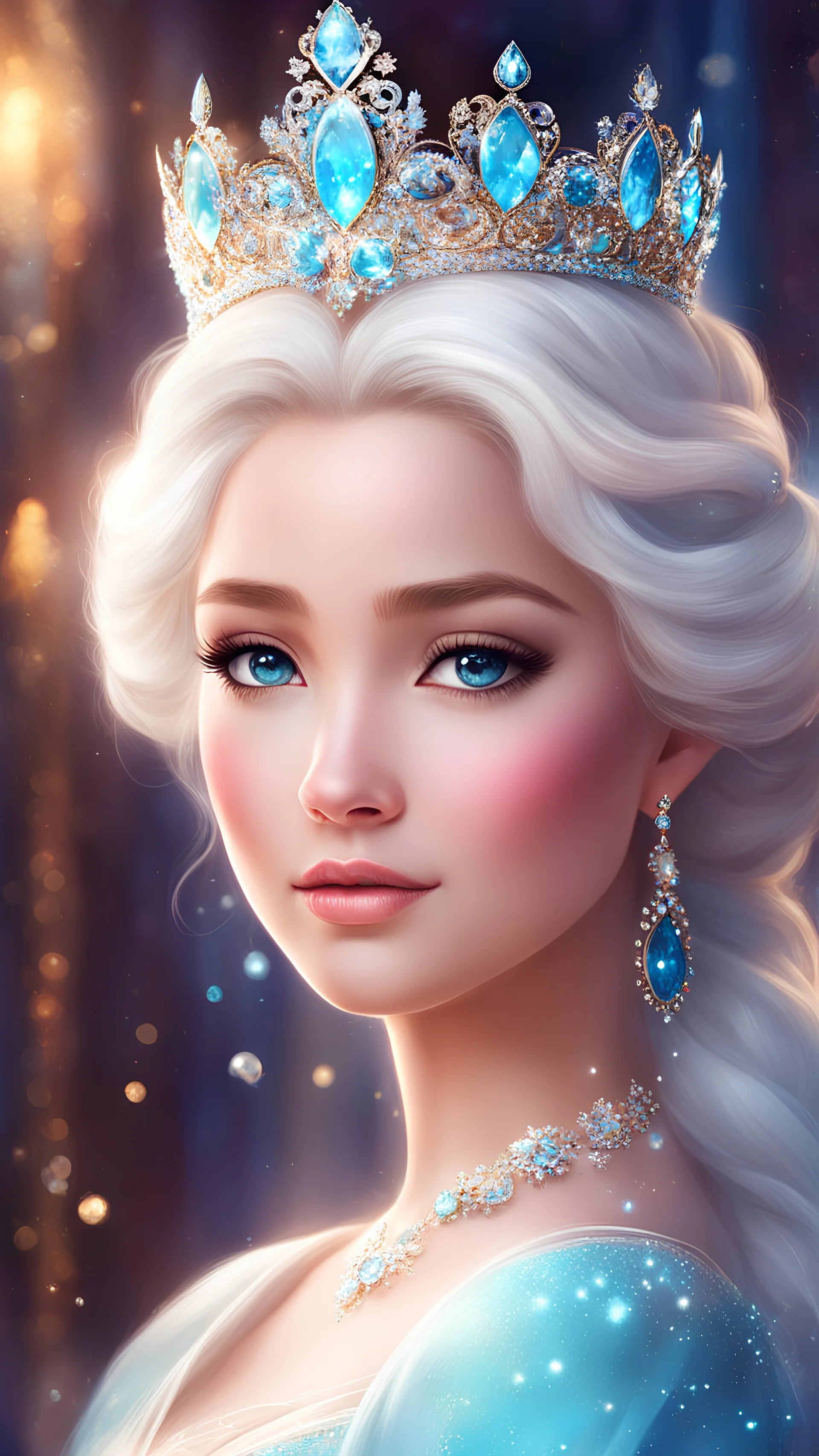 Digital painting style. In dreamland's embrace, a princess divine, With a face as pure as snow, a radiance that shines, Her crown sparkles with gems, crafted for a queen, In paradise she dwells, where beauty is seen, A vision of grace, her presence enchants, A symbol of love, in dreams she enchants. Elsa's face, adorable digital painting, dynamic, beautiful artwork, vibrant colors, 4k, high quality, high detailed