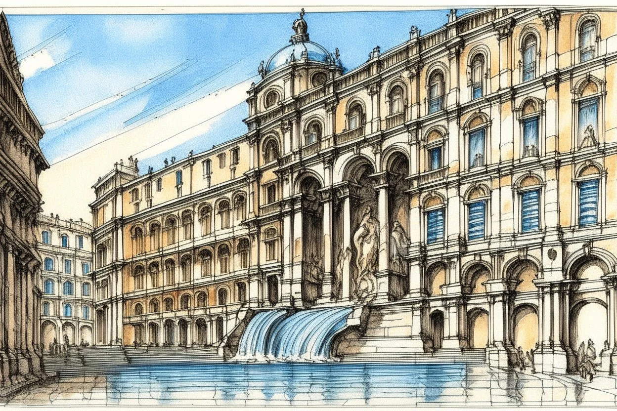 deseneaza cu penita si tus colorat cu acuarela , un sketch in stil minimal art , hasurat cu linii scurte de hasuri oblice scurte , cu mare acuratete si contrast , stil gravura pe metal reprezentand Fontana di trevi din roma antica , in stilul miniaturilor persane