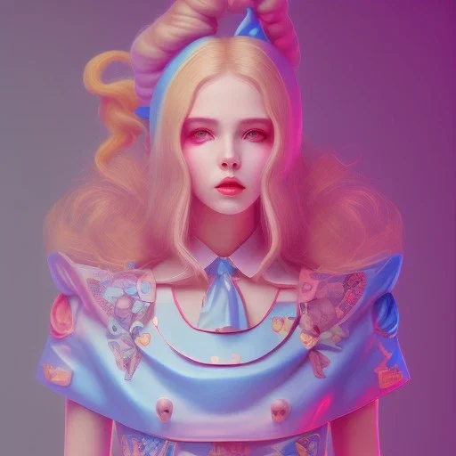 "Alice in the wonderland"blonde woman, purpurin, minimal latex dress, oversize velvet coat, gradient color, BLUE, PINK, CYAN, neon, insanely detailed, 16k resolution, perfect eyes, cinematic smooth, intricate detail