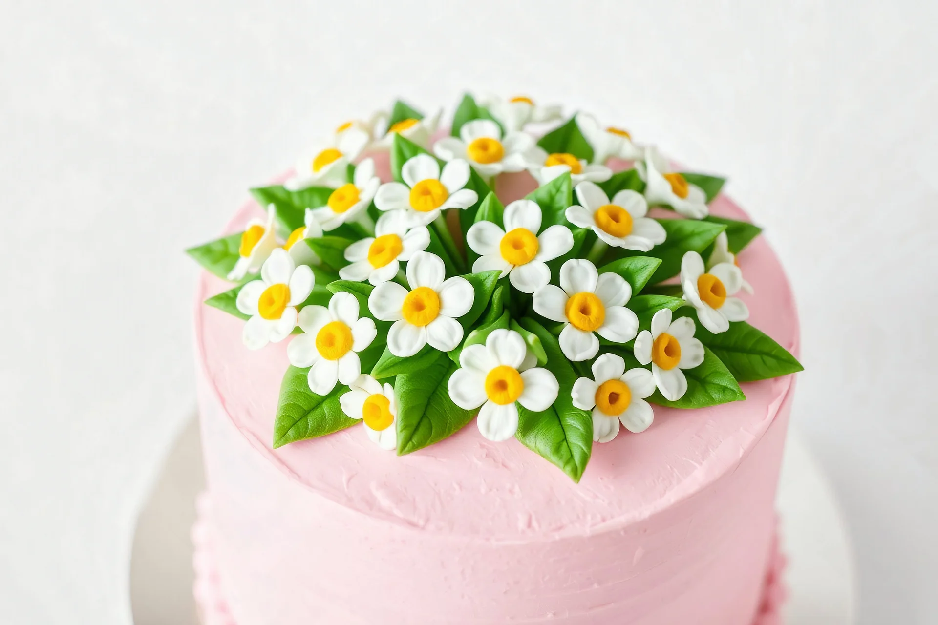A beautifully decorated cake with pink frosting and an array of meticulously crafted white flowers with yellow centers on top. The flowers are surrounded by green leaves, creating a vibrant and appealing presentation against a light background.on white background