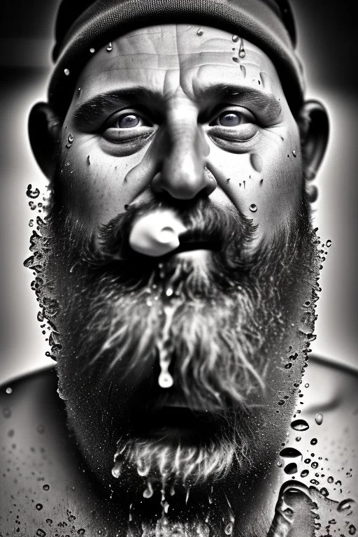 close up photography, dirty burly chubby Italian strong 48 years old homeless man, full of splashing milk in the face dripping on the beard, with dirty tank top, emotional eyes, manly chest, photo, Canon EOS, lens 35mm, natural lights, 8K, in the morning