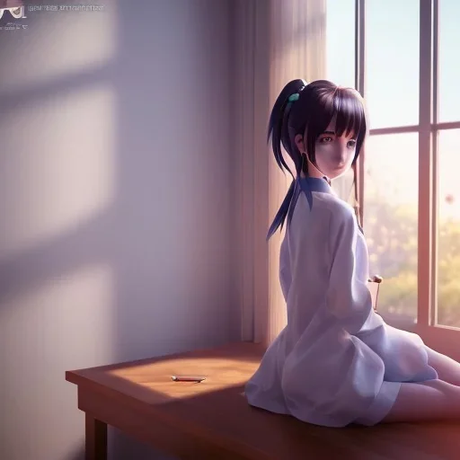 Anime girl studying in room, perfect face, window, nature, anime style, unreal engine 5, studio lighting