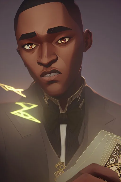 Dashing black man in a suit, holding a deck of cards. There's a young fey dragon with him.