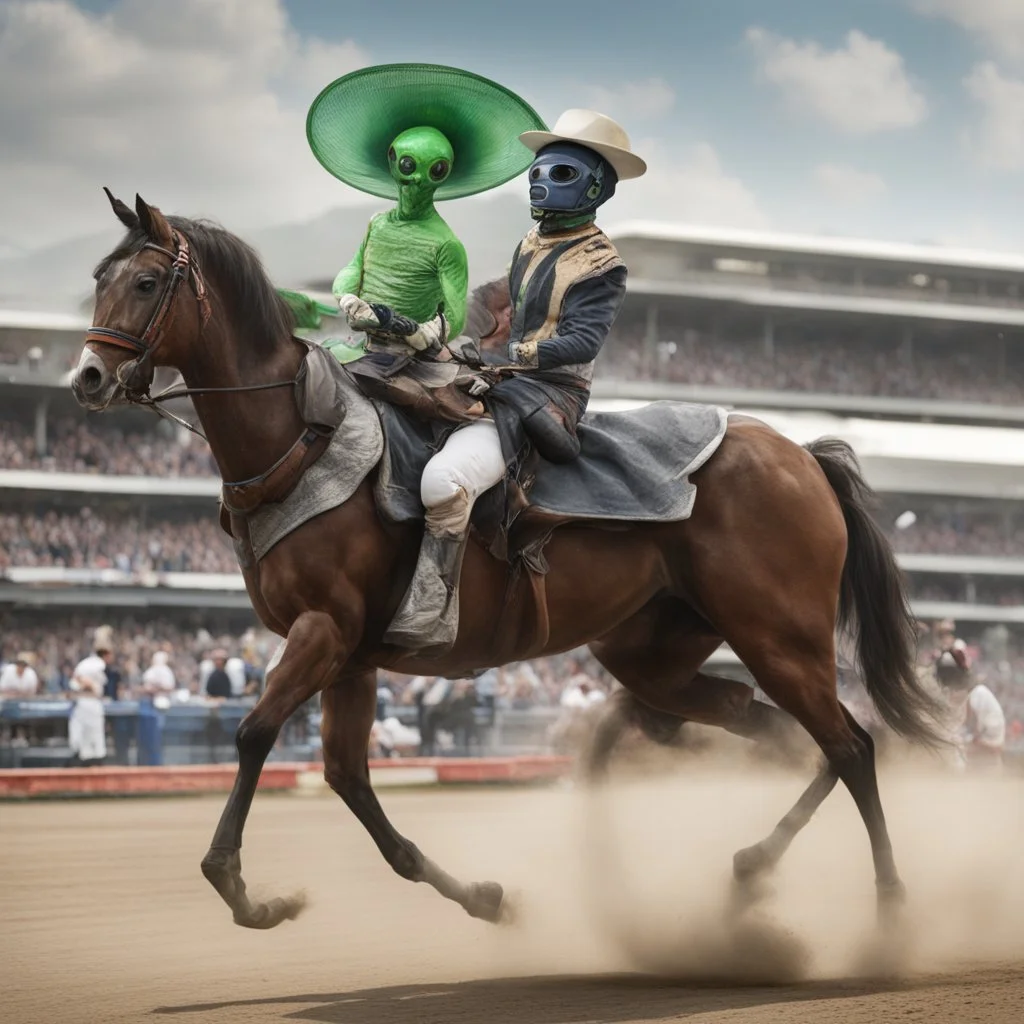 An alien jockey riding a horse in the Kentucky Derby