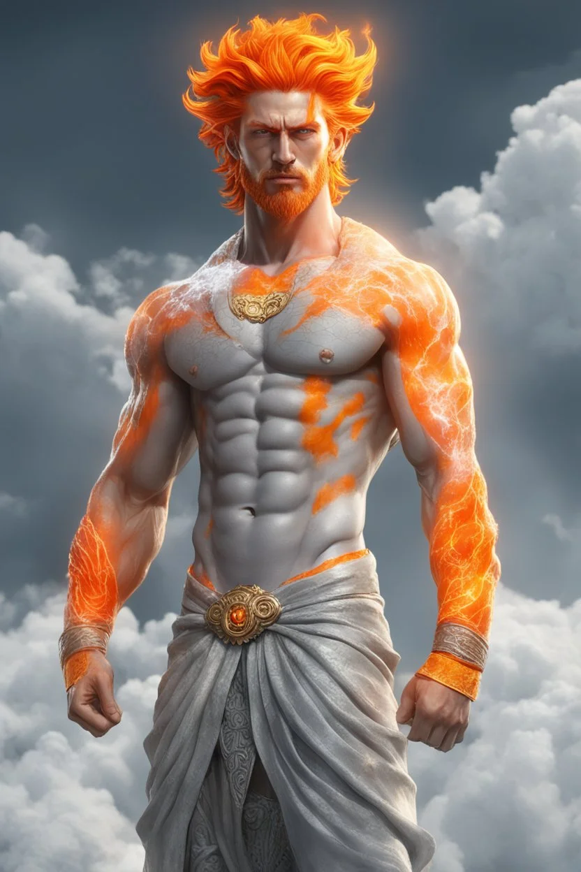 full body picture of a slim muscular god with galaxy's in his eyes, glowing orange hair that looks like it's made of the sun, a light gray body made of clouds with glowing cracks of orange within it in cloud patterns, he wears greek god like clothing that looks as if it's made of ice and water. realistic 4k