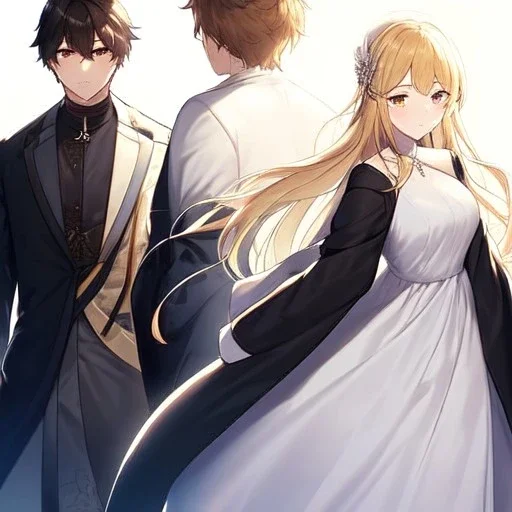 anime couple is standing back to back, female is wearing a flowing white dress, female is short, female has long blonde hair, male is tall, male is wearing black coat, hat and has dark brown hair