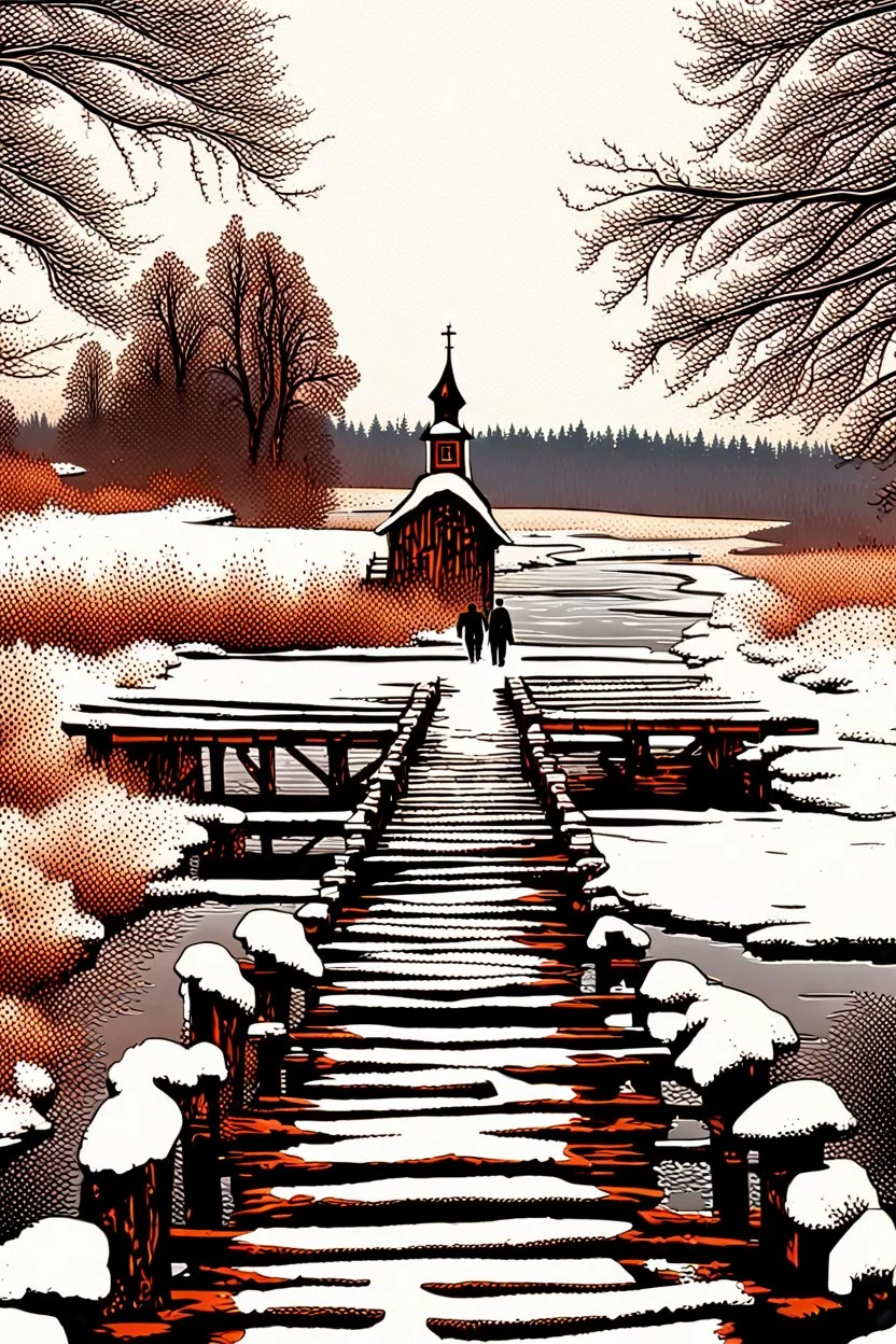 it's the beginning of winter, it's snowing lightly. 21st century. Russian countryside. Two hunters and a dog in a boat approach a completely destroyed wooden bridge over a river leading to a village, with several wooden piles sticking out of the water. A dilapidated Orthodox church stands on the right bank. High quality image in 8K format.