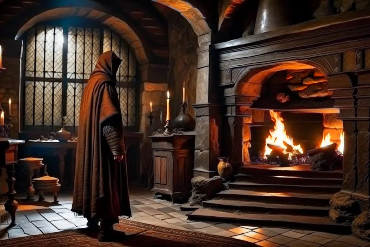 Interior of castle, warrior monk stands before the fireplace