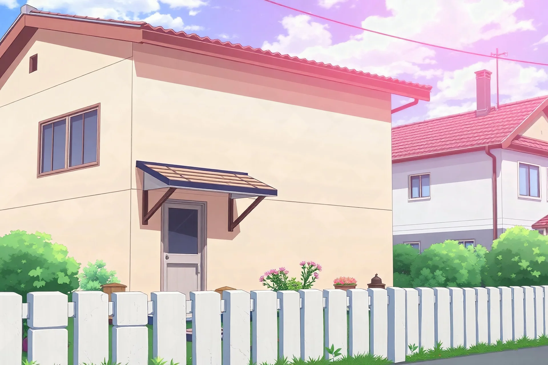 house exterior,side angle view, day time, anime style background