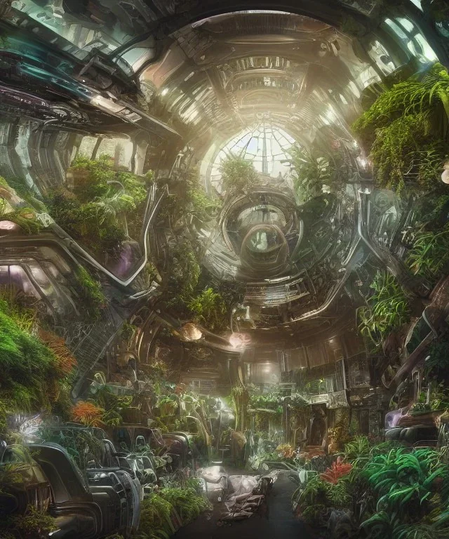 Inside a futuristic steampunk space ship with plants and animals