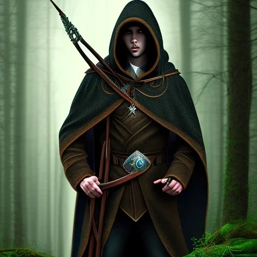 Male, Dark hair, Digital Art, Bow in hand, Hooded Cloak, Dark Forrest background