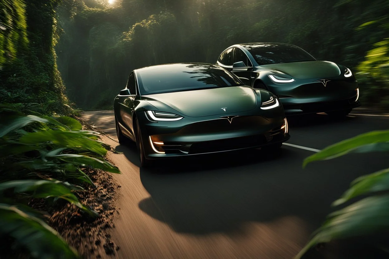 A Tesla's 'Model S Plaid' is racing at top speed, across the 'Jurassic Park' jungle. CINEMATIC. WIDE ANGLE LENS. PHOTO REAL.