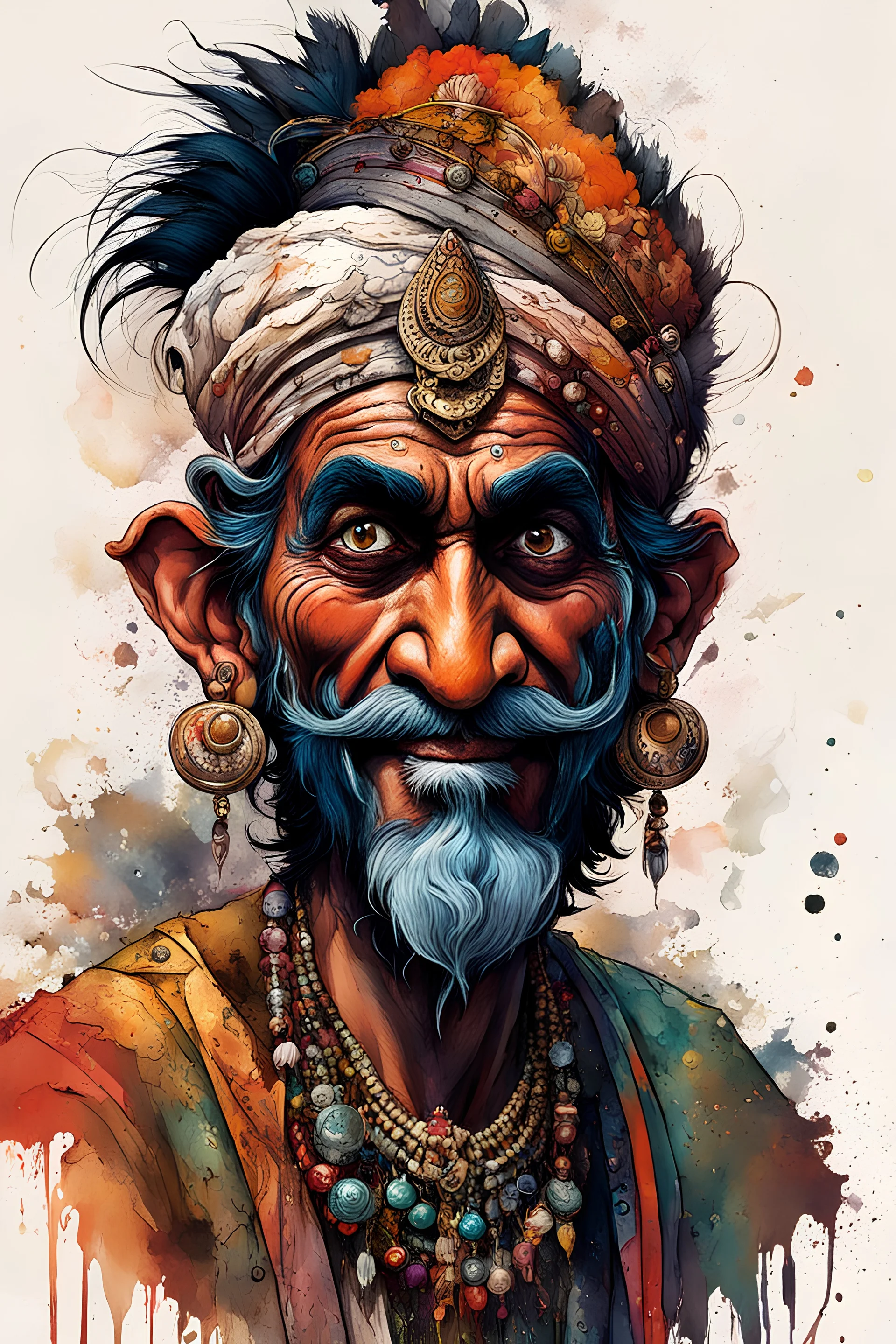 highly detailed full color, caricature concept illustration of a whimsical Indian Fakir character , maximalist, sharp focus, highest resolution, in the styles of Ralph Steadman, Brom, Denis Forkas , and Masahiro Ito, boldly inked, 8k, coarse, gritty textures