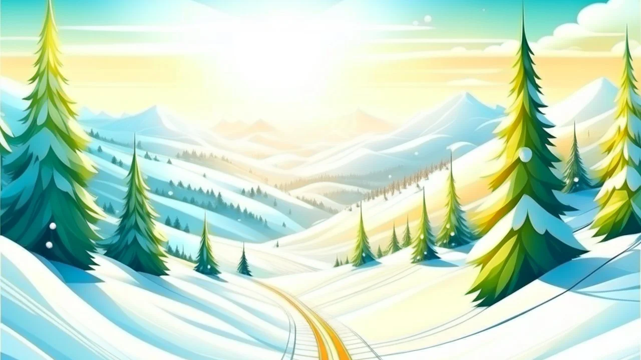 Fantasy cartoon style: view down the ski slope from the top of the hill, snow is sparkling like diamonds, sun is shining, pine trees are beatiful