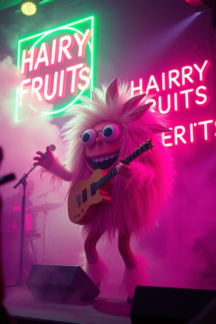 An big "Hairy Fruit" performing at dance club, his name is "Harry" HAIRY FRUITS EVERYWERE On stage, Green Neon lights and smog, "HAIRY FRUITS" big sign on the wall