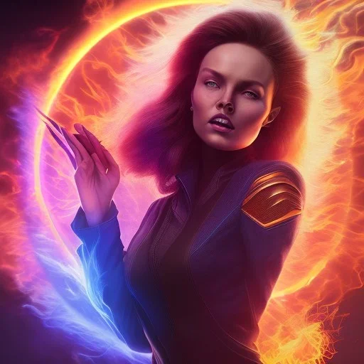 Dark Phoenix, X-Men , Jean Gray. hyperfantastic,hyperscifi,unreal engine 5.best colours,deep purple . fire theme .blue neon smoke.cinamatic,full cinematic lights.beautiful body details,beautiful face details,8k,hyperdetails.