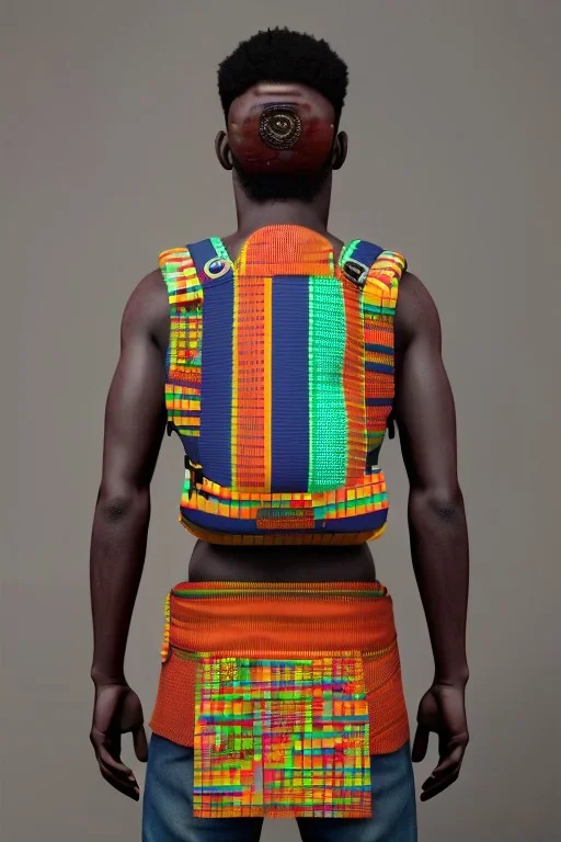 futuristic baby carrier in Kente, rusted clocks eyes, cinematic, scaffolding, ghana flag, african pattern symbols, black star, engraved, 8k quality