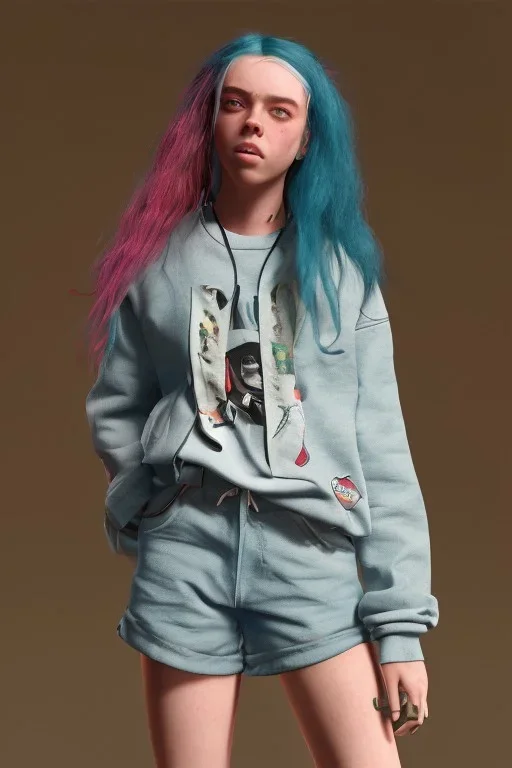 Billie Eilish, in shorts, photorealistic, 8k