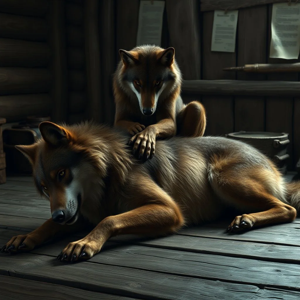 an anthropomorphic wolf in brown bodyhair lying on stomach and an younger anthropomorphic wolf massage his back. The background rustic wooden room features wooden walls with a few pinned papers . relaxed mood, realistic, detailed, cinematic, dark fantasy style