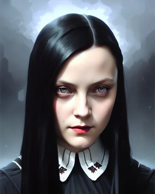 "Wednesday Addams, full-scale head and shoulders portrait, 8k resolution concept art portrait by Greg Rutkowski, Artgerm, WLOP, Alphonse Mucha dynamic lighting hyperdetailed intricately detailed Splash art trending on Artstation triadic colors Unreal Engine 5 volumetric lighting Splash art fantasy"