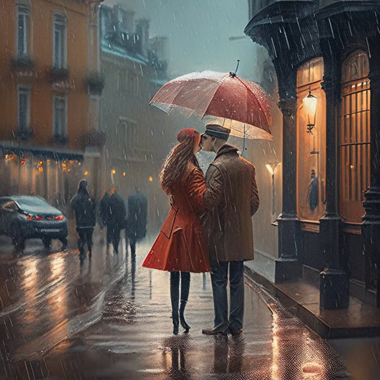 rainy street romantic meeting