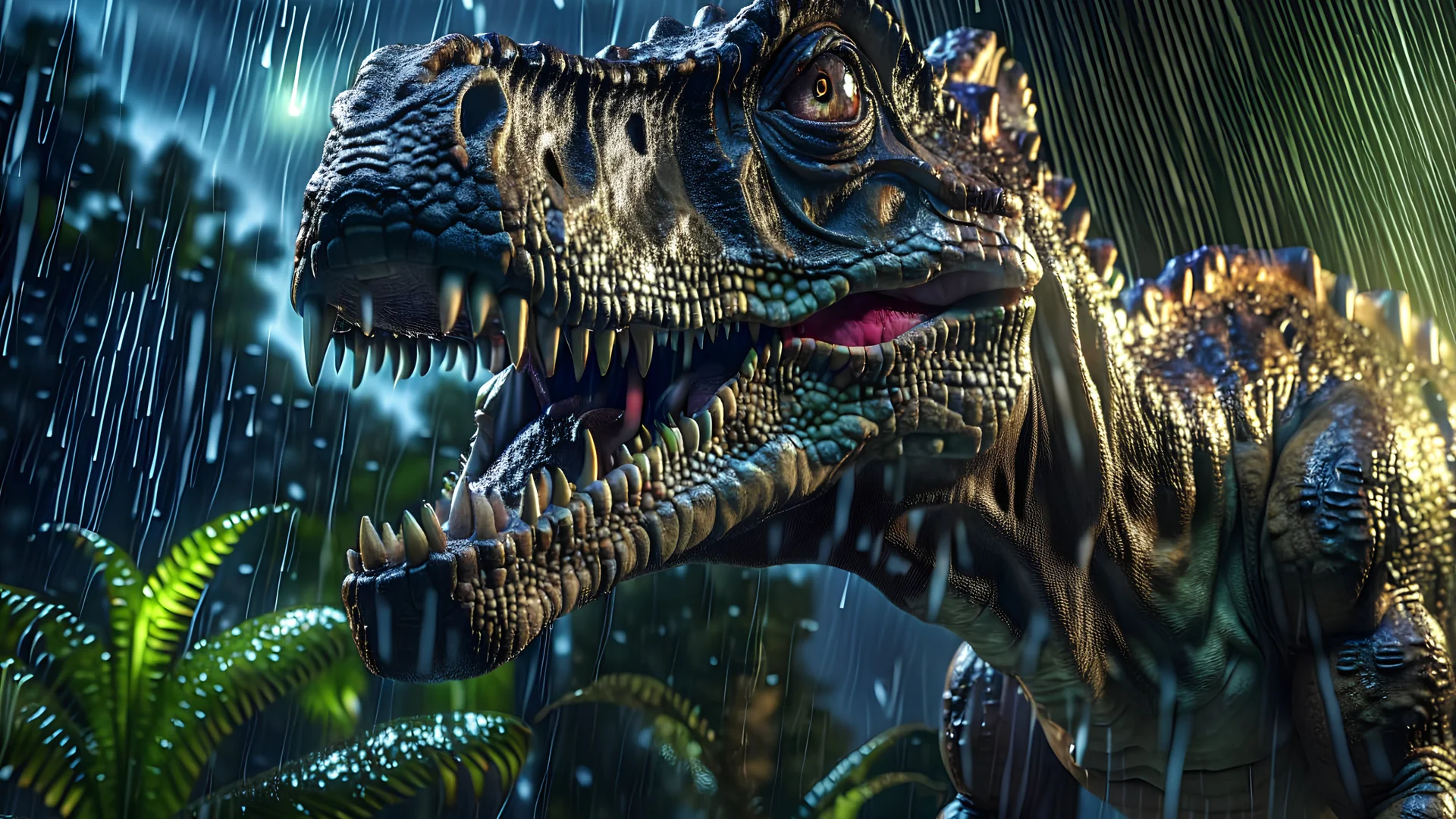 Huge dinosaur in a thunderstorm, intricately detailed face, Professional photography, bokeh, a breathtaking background cinematic side light, wide shot shot on dslr 64 megapixels sharp focus, canon lens, Hyperrealistic, concept art, 16k resolution