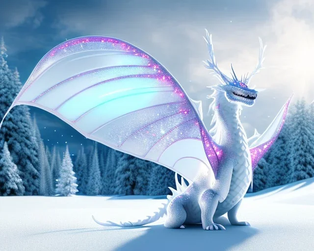 mdjrny-v4 style, a white dragon with fairy-like transparent glowing and sparkly wings standing in snow, full body, silver and teal blurry background, glowing soft and smooth wings, realistic, highly detailed intricately detailed, shiny snowy background, soft studio lighting, trending on artstation, by artist "Julie Bell", by artist "Greg Rutkowski"