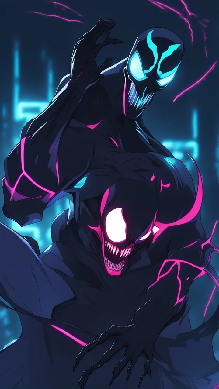 Mix between venom symbiote and Reaper in solo leveling shadow style with neon glowing blue