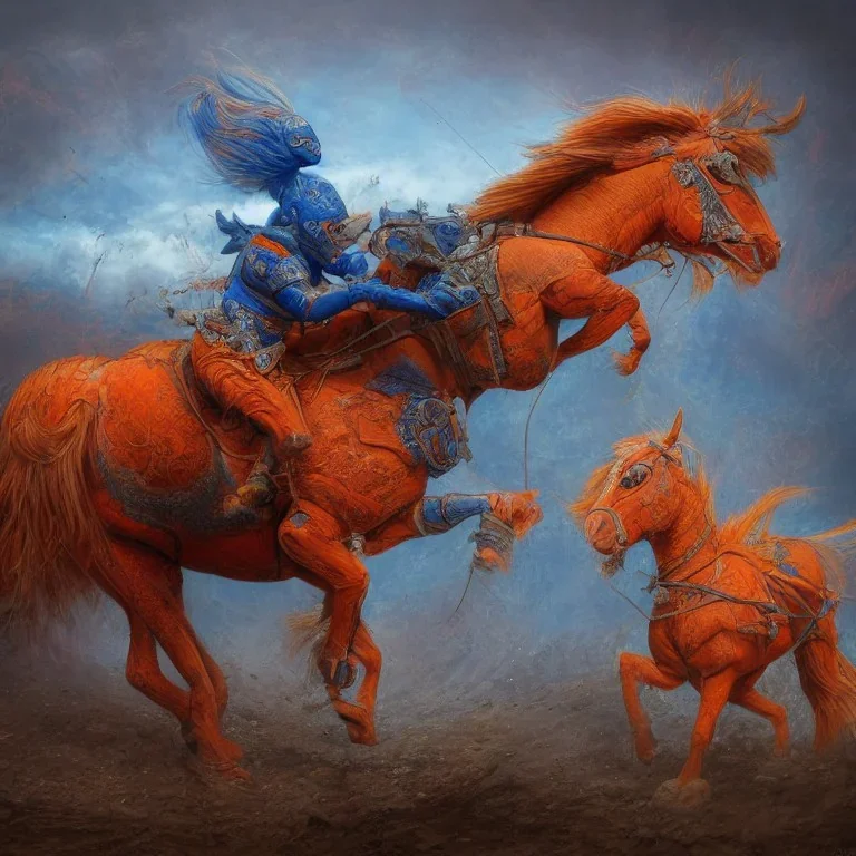 angry horse in orange and blue battle armor, bucking, a highly detailed illustration, background of Inka jungle, realistic render, 8 k, micro detail, intricate, elegant, centered, digital painting, Artstation, smooth, sharp focus, illustration, artgerm, tomasz alen kopera, peter mohrbacher, donato giancola, joseph christian leyendecker, wlop, boris vallejo