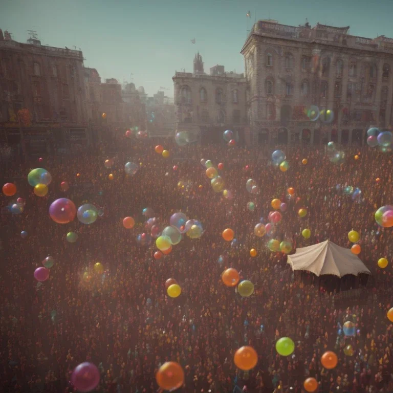 Ultra realistic circus scene. Woodstock style, woman dancing, happy, color bubbles, smooth color, waist up view, Wes Anderson style, a lot of people background, highly detailed, concept art, unreal engine 5, god rays, ray tracing, RTX, lumen lighting, ultra detail, volumetric lighting, 3d, finely drawn, high definition, high resolution.