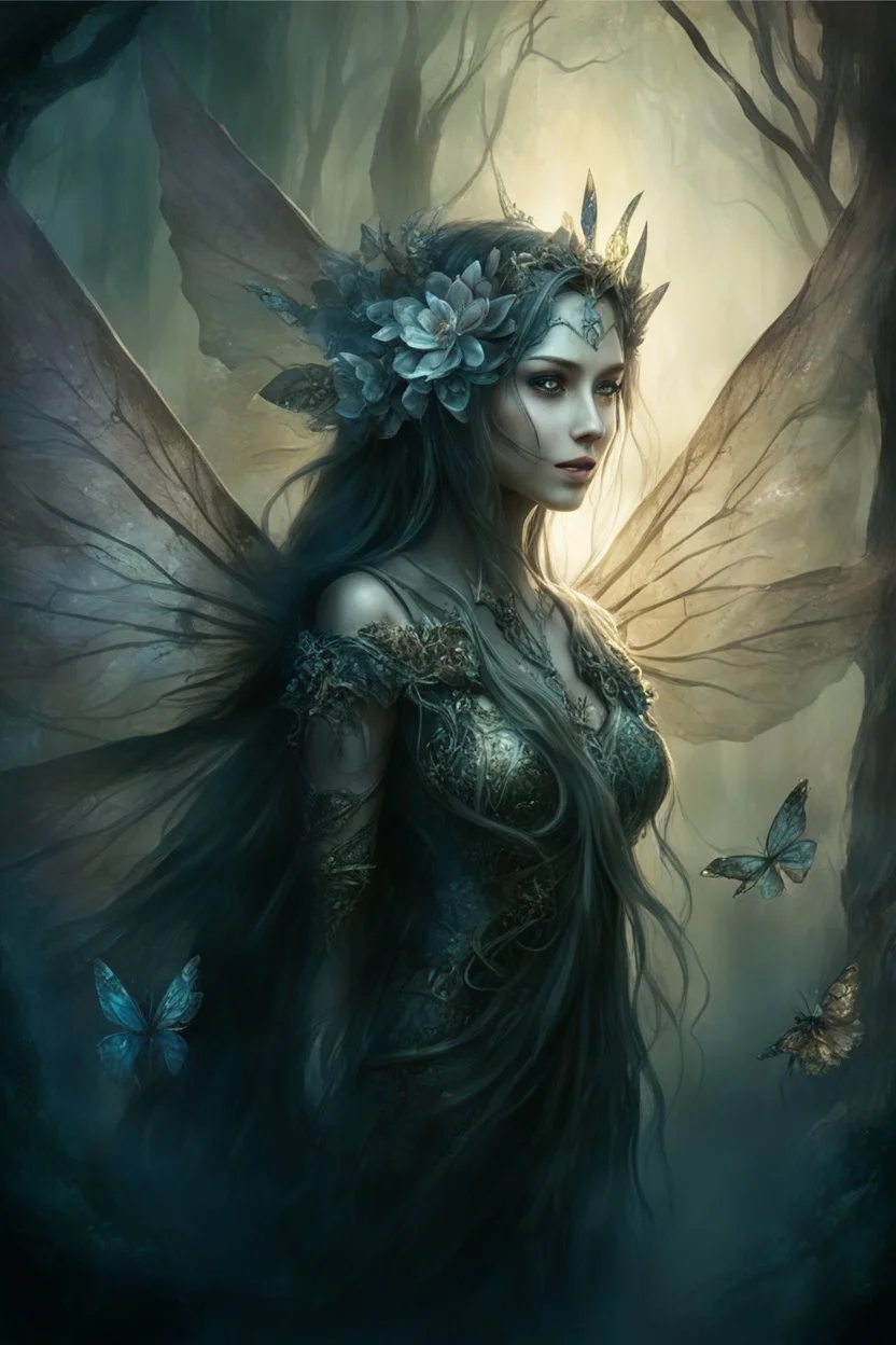 Blonde gold hair , dark gold ,dark Fairy wings,long hair,water lilies,dark fairy princess,nymph,elven crown,dragonflies,tiara,,gothic,glitter,rapunzel hair, very long hair, sparkle,night,