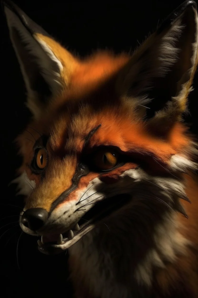 Portrait of a scary animatronic of a fox
