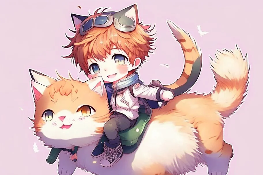 cute chibi anime boy is riding a cute fluffy chibi anime cat