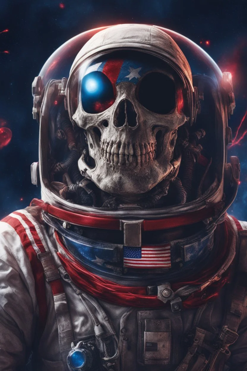 A close up of a skeleton face in an astronaut helmet and suit floating in space. inside the hollow eyes are red shining lights, scary. On his suit is an American flag and in his one hand is a small wavering American hand flag. From the back of his suit is blowing out blue, white and red smoke. Realistic, 8k, highly detailed, funny