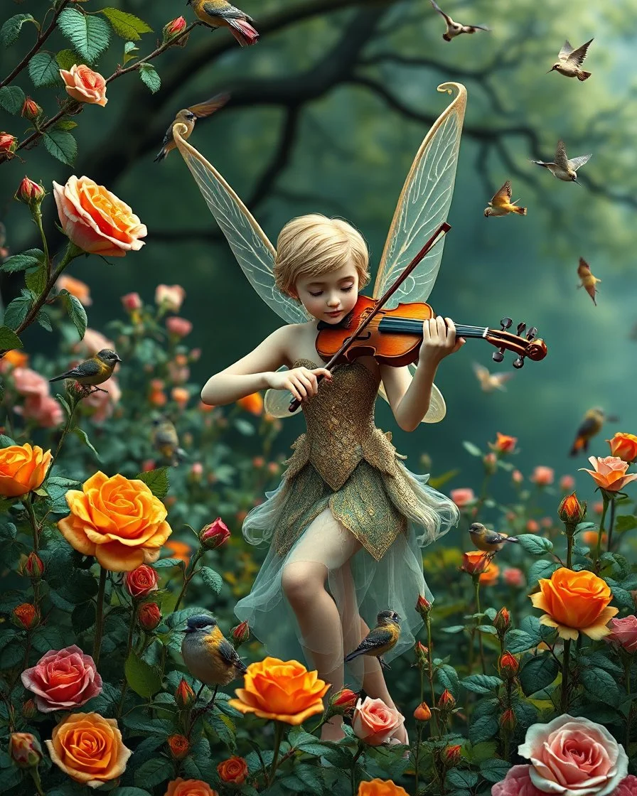 Gorgeous Photography Beautiful Tinkerbell playing violinist in Wild garden,flower,birds surrounding,fractal ornamentation, over detailed, gloriously full and confusing, nothing that really exists, everything made up, fantasy world, sweet briar, photography graphic art, song birds, ochre rose,rose buds, dewy morning, forest of oaks