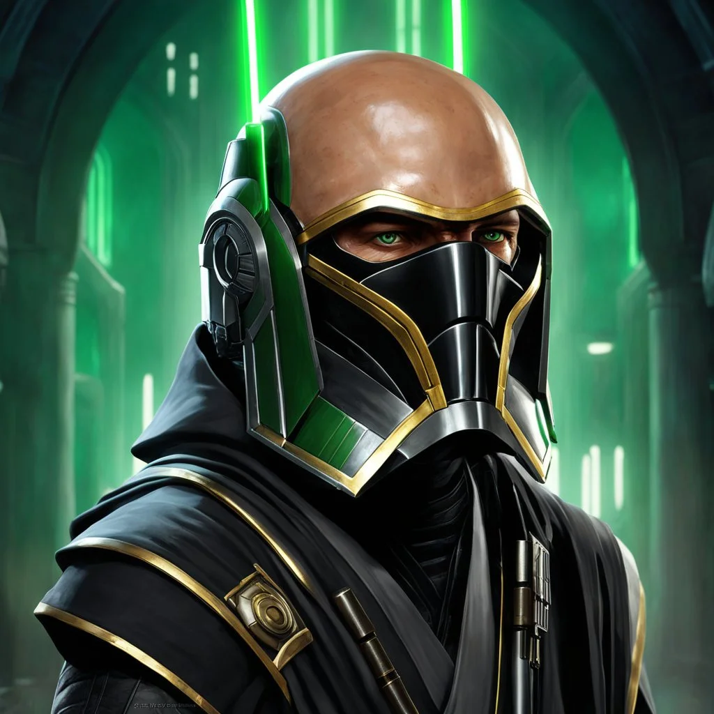 star wars bald male corellian jedi pilot wearing gunmetal grey and black old republic armored robes with gold trim inside the jedi temple holding a lightsaber with viridian green blade in left hand, centered head and shoulders portrait, hyperdetailed, dynamic lighting, hyperdetailed background, 8k resolution, volumetric lighting, light skin, fully symmetric details