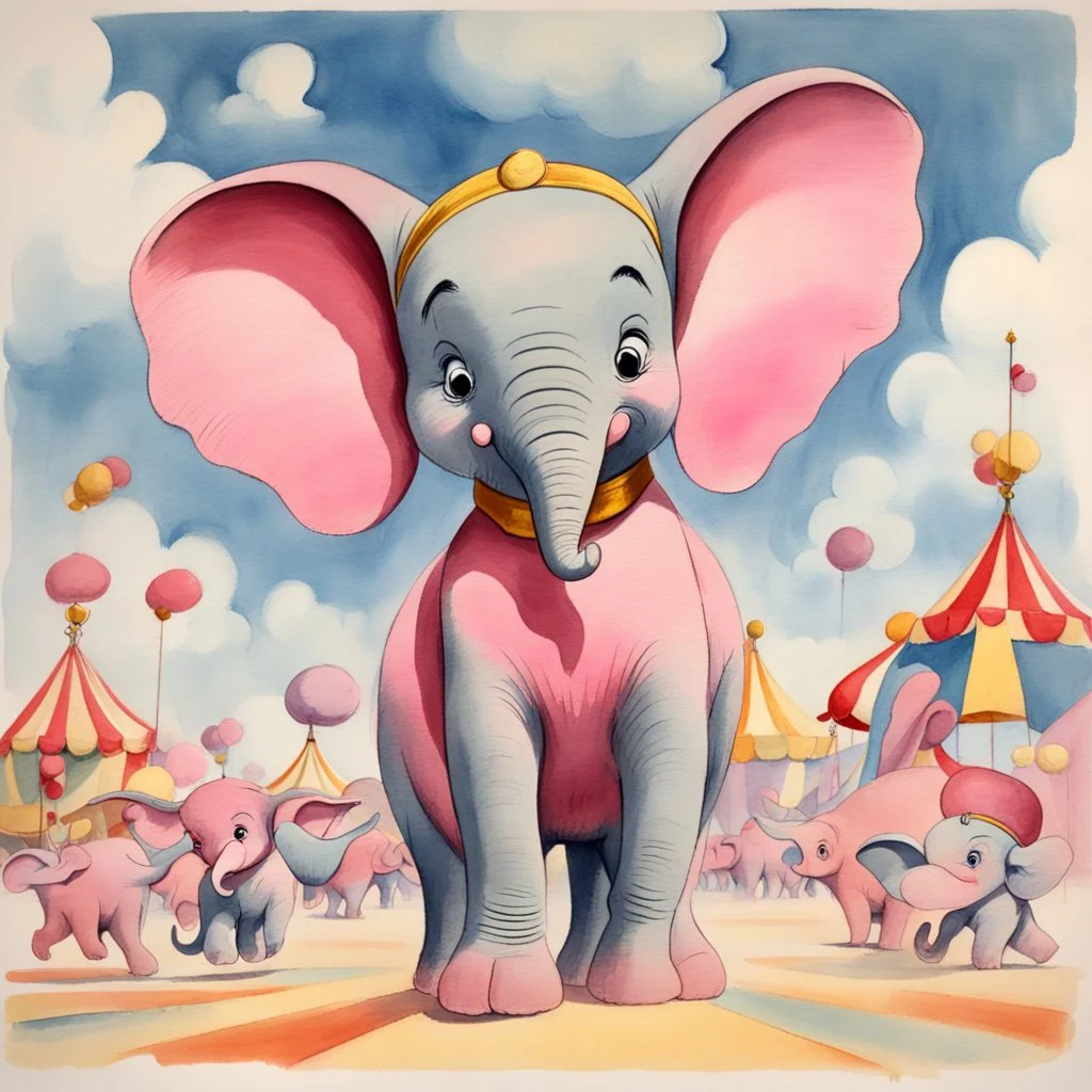 1940s animation art of Dumbo, a baby circus elephant with abnormally large ears that allows him to fly, surreal scene, pink parade of elephants, conceptual art, watercolor paint, early salt disney animation, hand drawn, modernist cute, Mary Blair, Harold Pearl, over exaggerated cartoonist