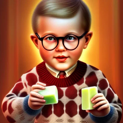 Peter billingsley chubby kid glasses, Holding a "dark red bar of soap" in his hand, brown argyle sweater