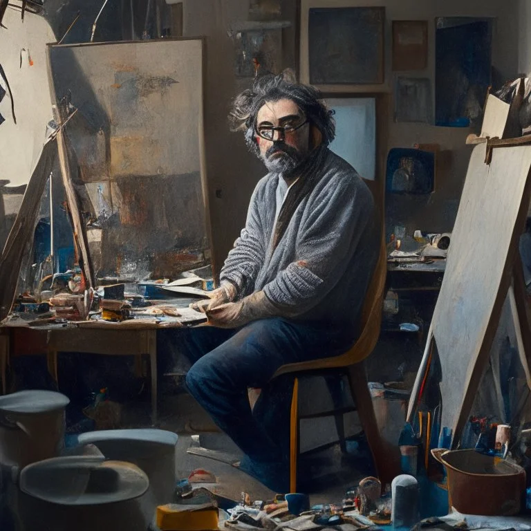 a portrait of an artist in his studio