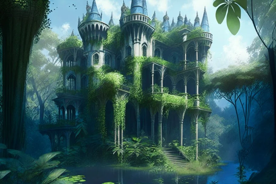 gothic house with balconies and turrets and towers, in a jungle clearing, with dense foliage, pathway and river, Spanish moss, blue sky photorealistic