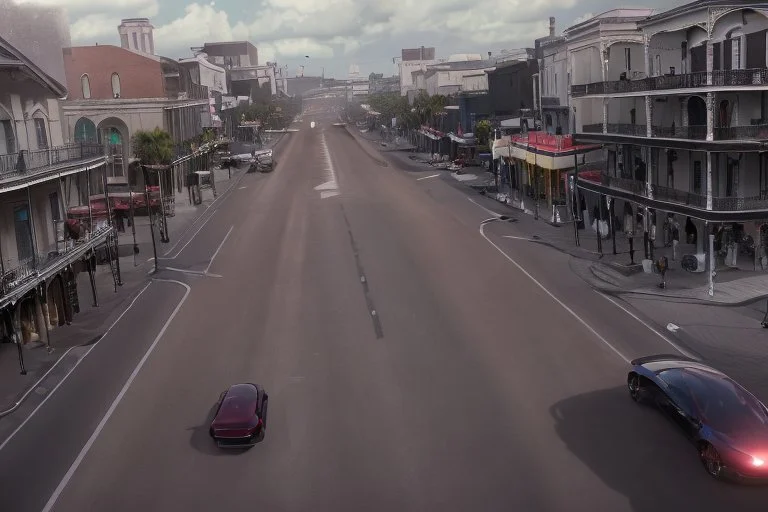 A Tesla 'Model Y' is racing at top speed, on the streets of New Orleans. (CINEMATIC, WIDE ANGLE LENS, PHOTO REAL)