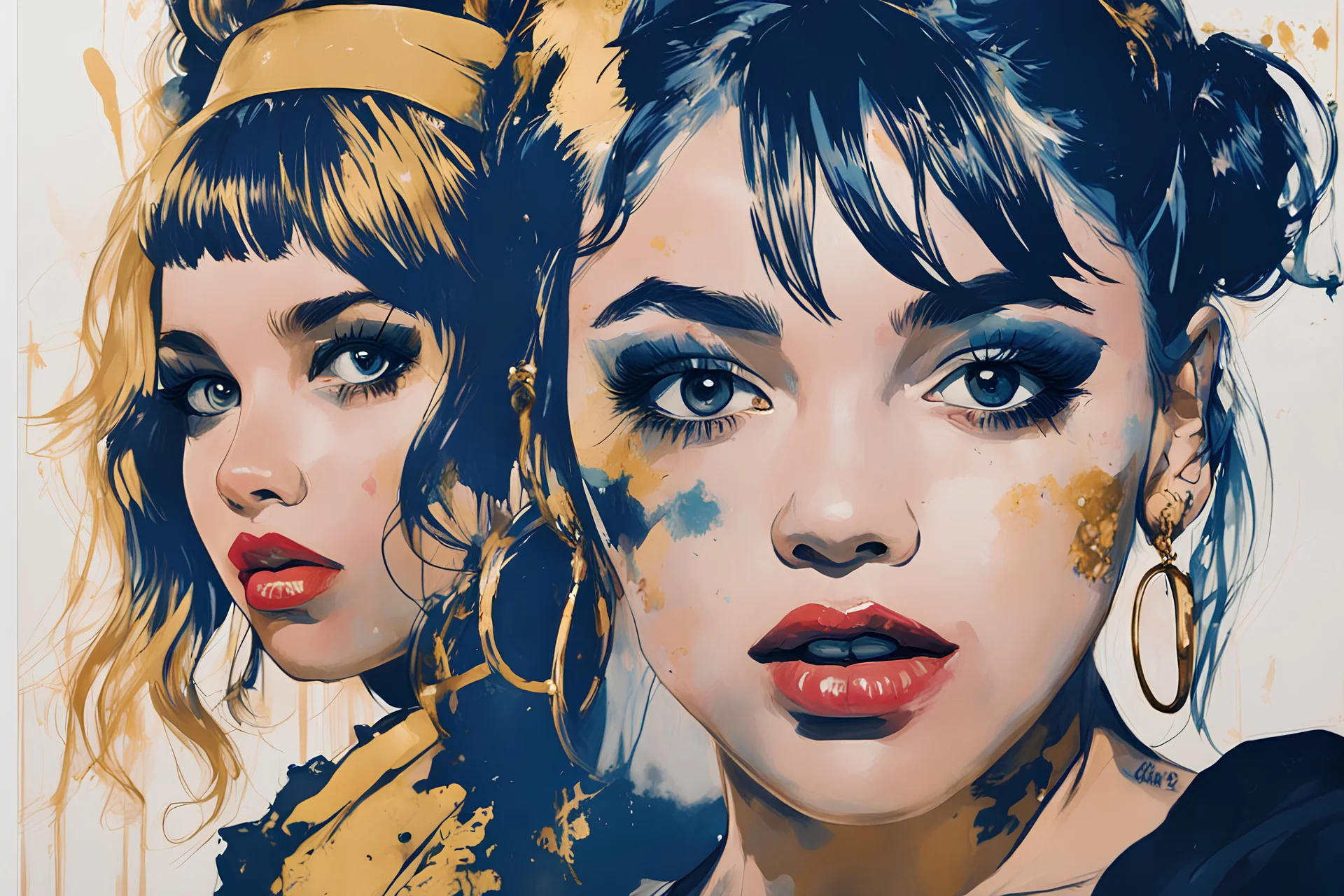 Poster in two gradually, a one side the Singer Danish MØ face and other side the Singer Melanie Martinez face, painting by Yoji Shinkawa, darkblue and gold tones,