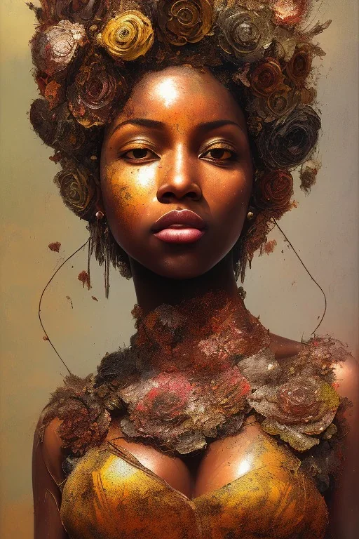 an abstract painting of rusted metal and flowers, african slave lady working so hard rust, scaffolding, iron cladding, decay, mixed media, textured, anatomically correct, beautiful perfect face, sharp focus, highly detailed