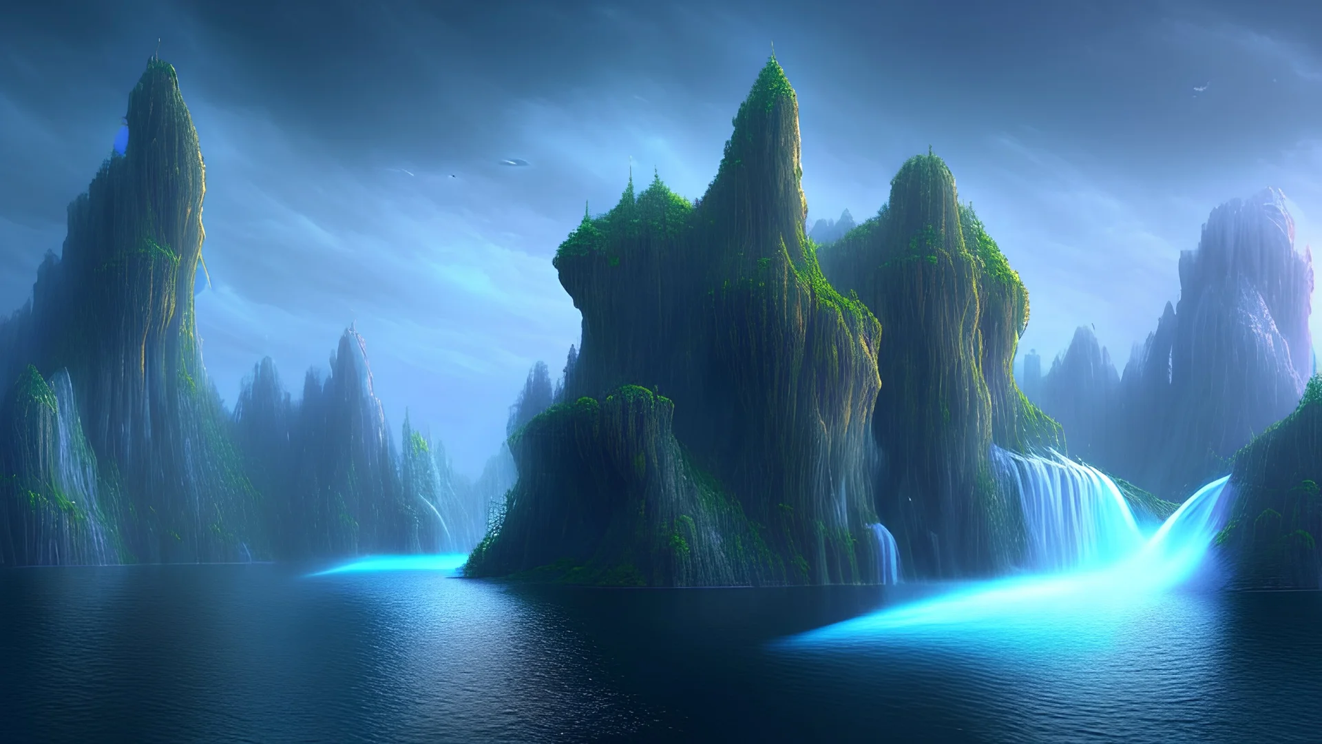 A dreamlike landscape of floating islands, with towering rock formations and cascading waterfalls, featuring otherworldly and surreal elements.
