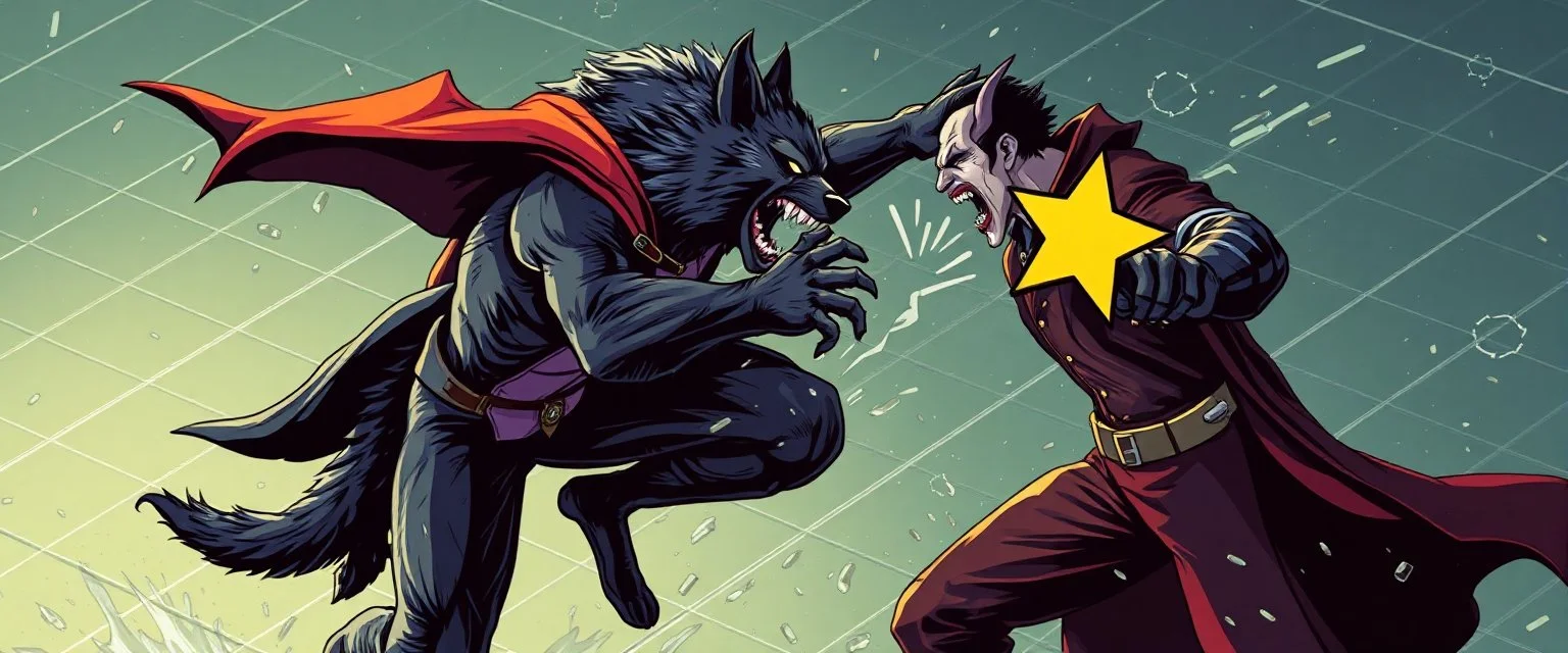 werewolf vs vampire cyberpunk action scene, acrobatic dodge, cape, all seen drown on isometric grid, wolf giving him the biggest jab punch with pow cartoon star marking the impact