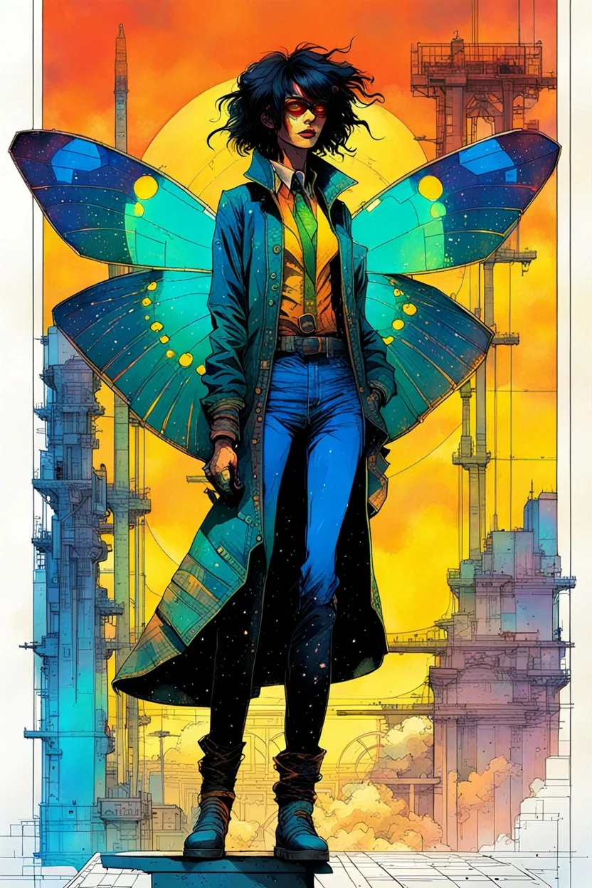 Hand drawn technical,full body portrait illustration , with detailed blueprints and engineering schematics of a walking Madagascan sunset moth insect girl, in the comic book art style of BILL SIENKIEWICZ and JEAN GIRAUD MOEBIUS, with highly detailed facial features, drawings, and technical notation, 8k, vibrant natural colors