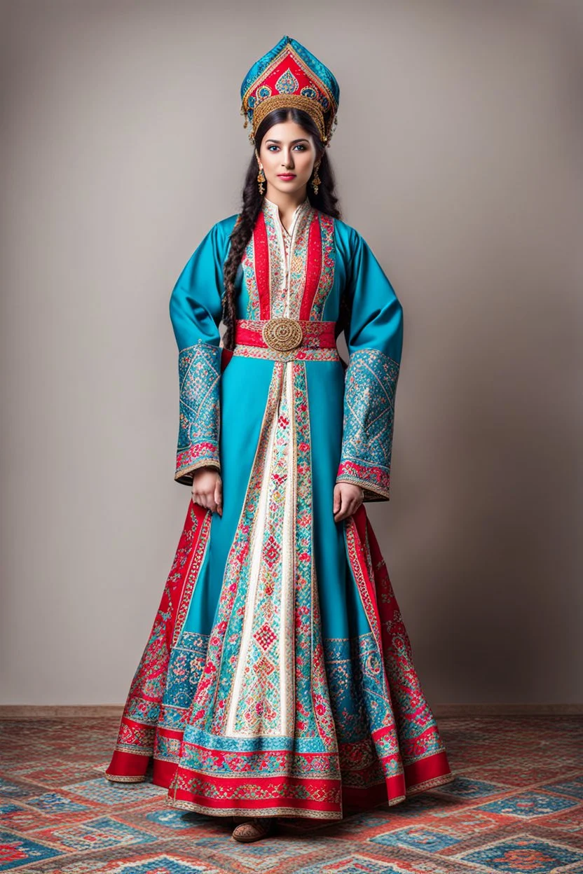 young lady in Azerbaijani national costume standing full body shot