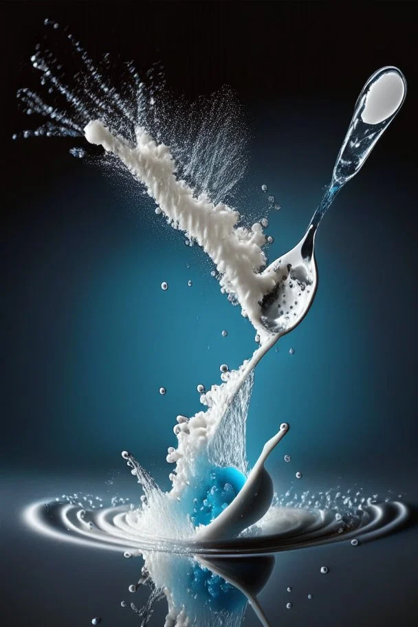 in focus, a jet of water flows into a spoon and splashes everywhere